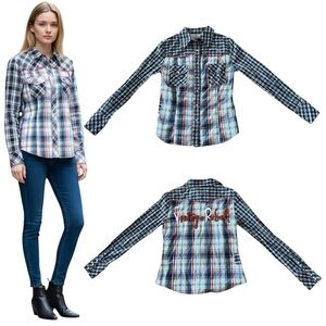 Vintage Rebel Embroidered Navy Blue Black Red Plaid Pearl Snap Button Up Shirt S